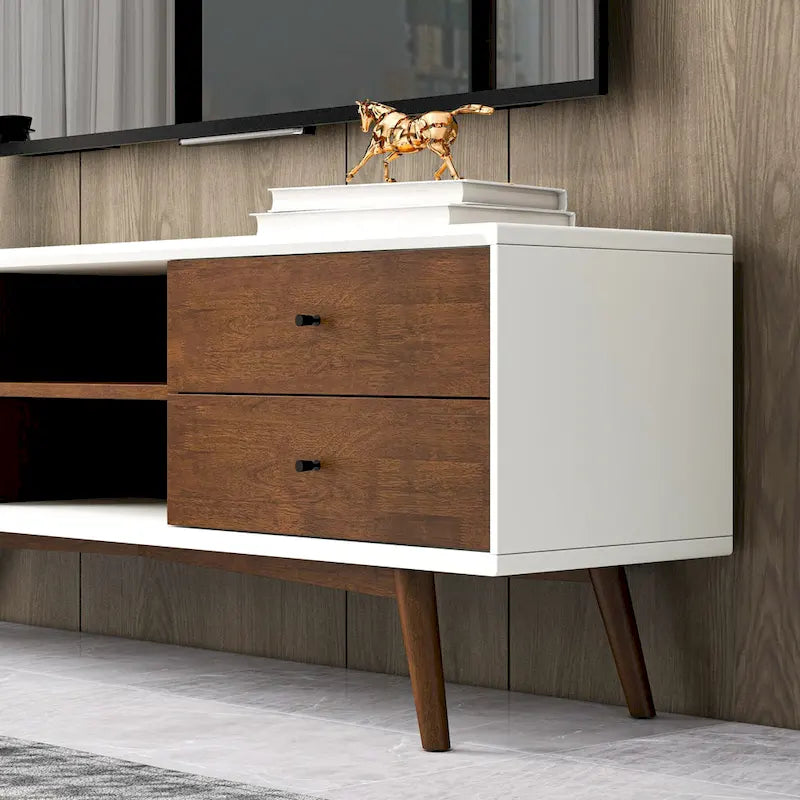 Meuble TV blanc de style Mid-century avec cadre en bois massif, meuble TV avec 6 compartiments de rangement, console TV moderne en noyer