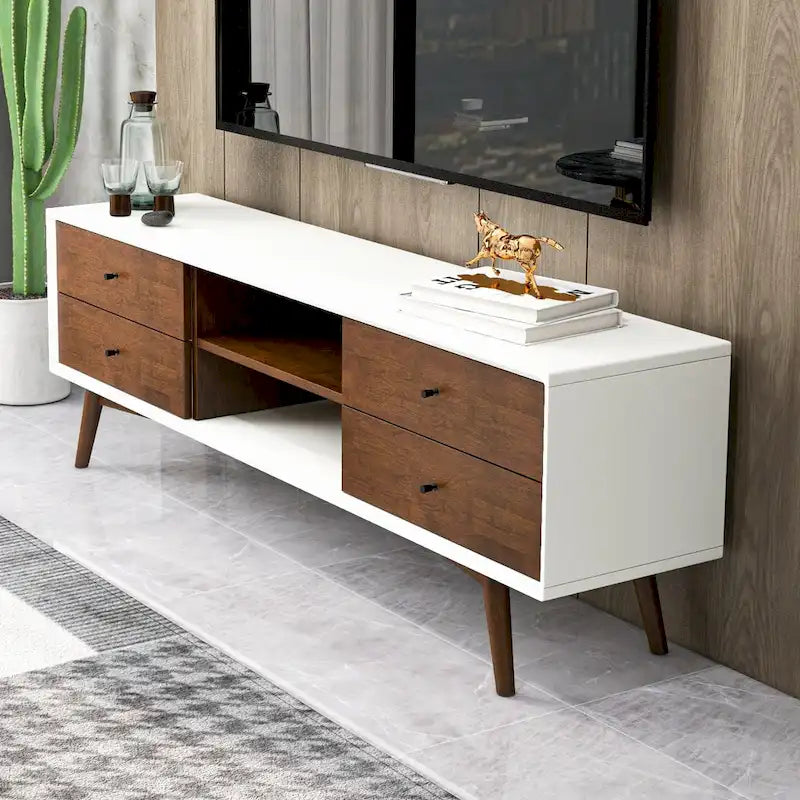 Meuble TV blanc de style Mid-century avec cadre en bois massif, meuble TV avec 6 compartiments de rangement, console TV moderne en noyer