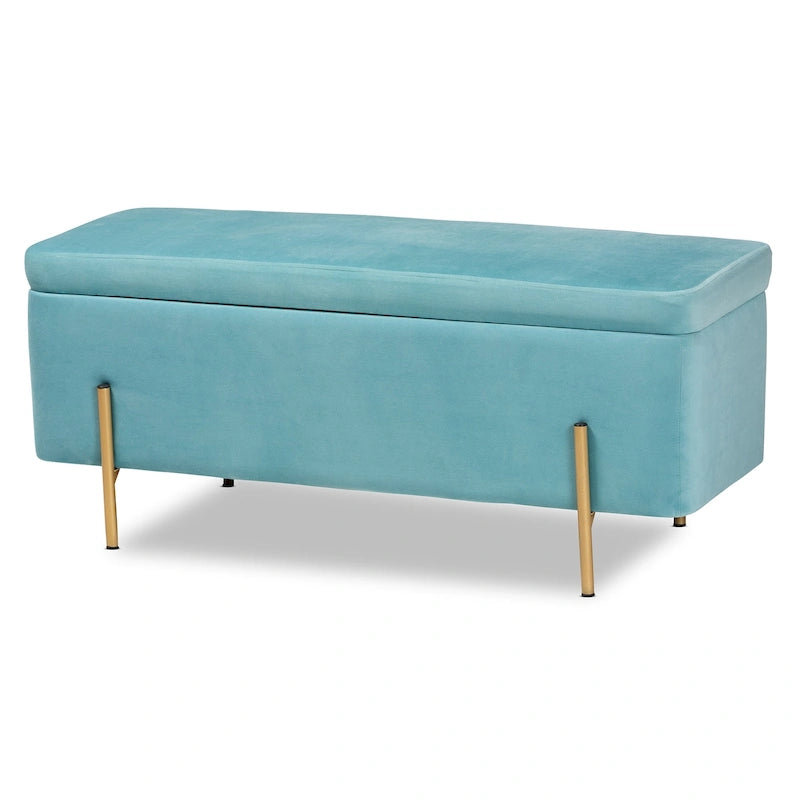 Banc de rangement en métal rembourré en velours Rockwell, style contemporain, glamour et luxe