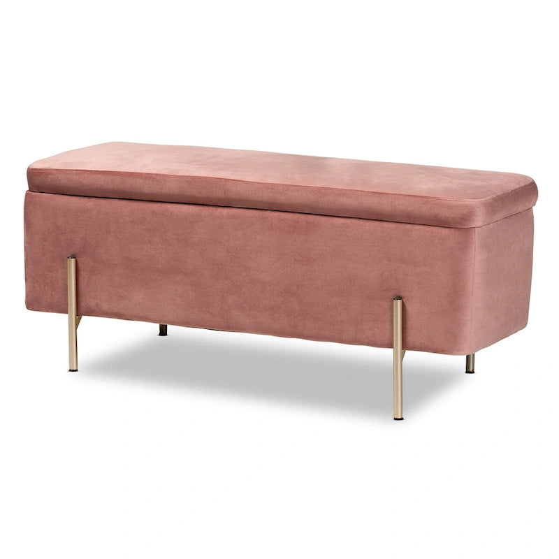 Banc de rangement en métal rembourré en velours Rockwell, style contemporain, glamour et luxe