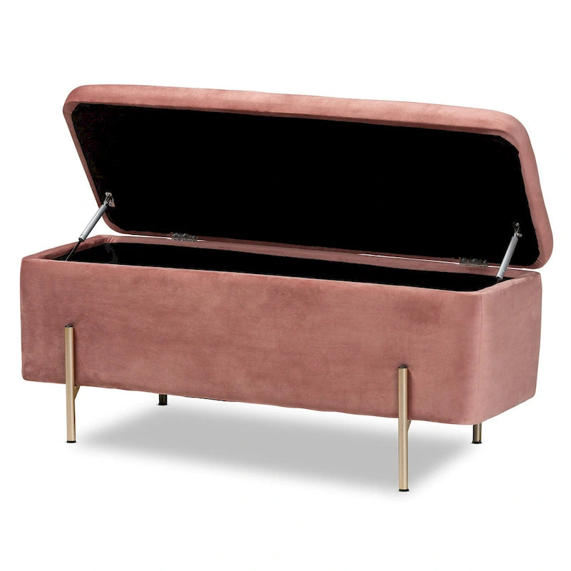 Banc de rangement en métal rembourré en velours Rockwell, style contemporain, glamour et luxe