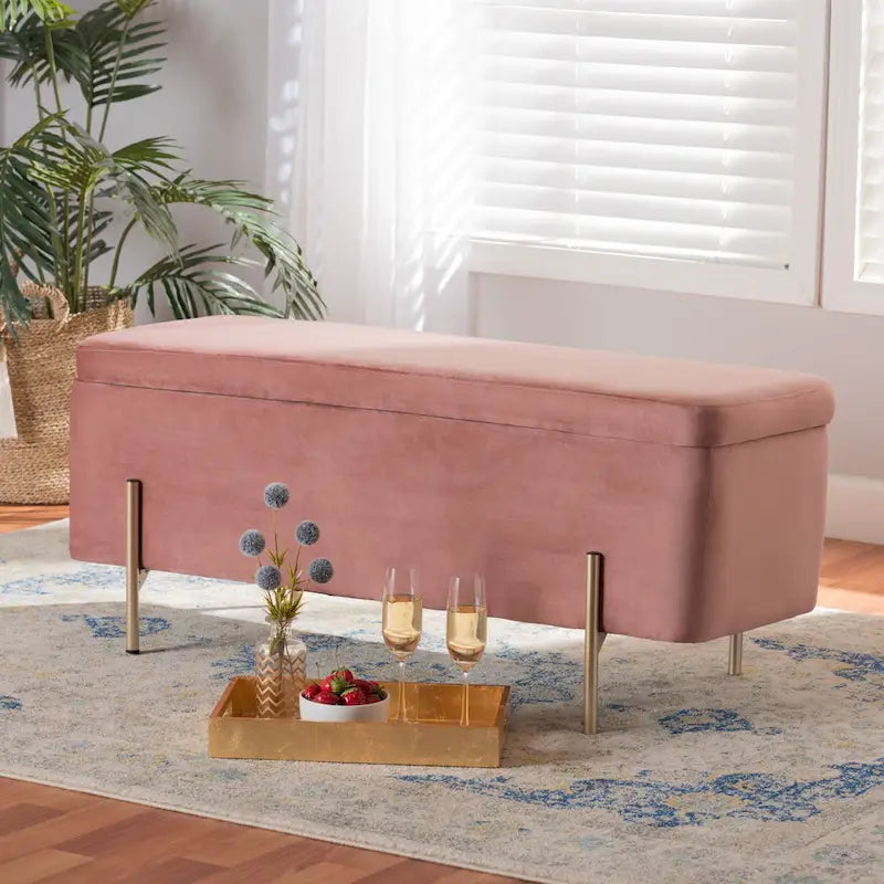 Banc de rangement en métal rembourré en velours Rockwell, style contemporain, glamour et luxe