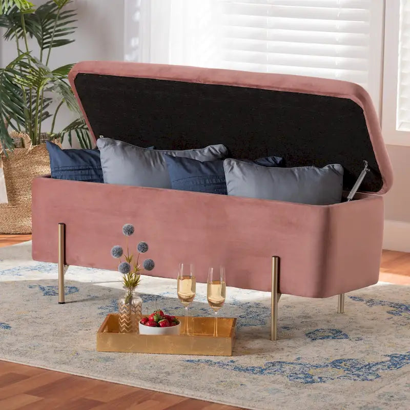 Banc de rangement en métal rembourré en velours Rockwell, style contemporain, glamour et luxe