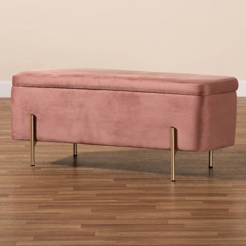Banc de rangement en métal rembourré en velours Rockwell, style contemporain, glamour et luxe