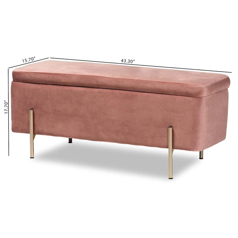 Banc de rangement en métal rembourré en velours Rockwell, style contemporain, glamour et luxe