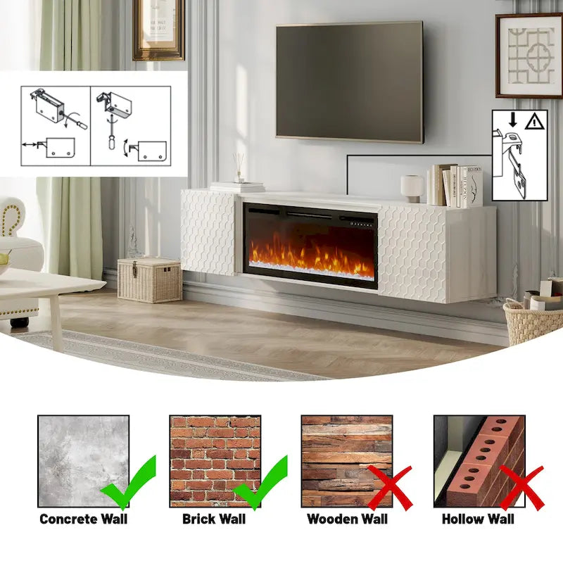 Meuble TV mural MDF de 67 po avec foyer électrique de 36 po