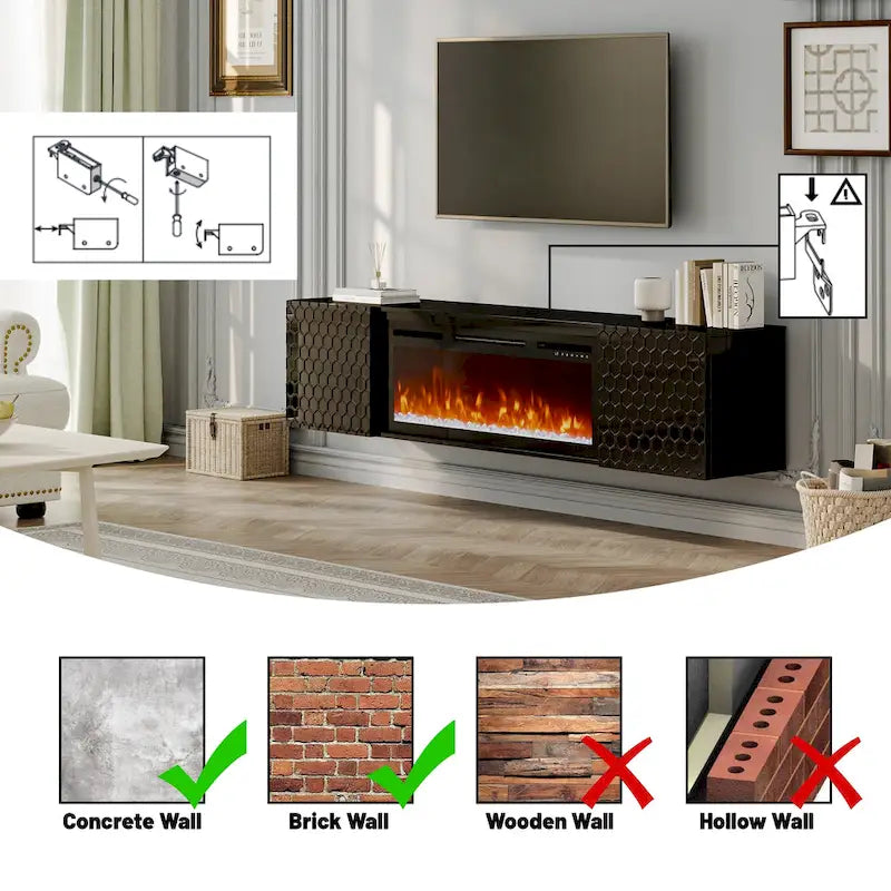 Meuble TV mural MDF de 67 po avec foyer électrique de 36 po