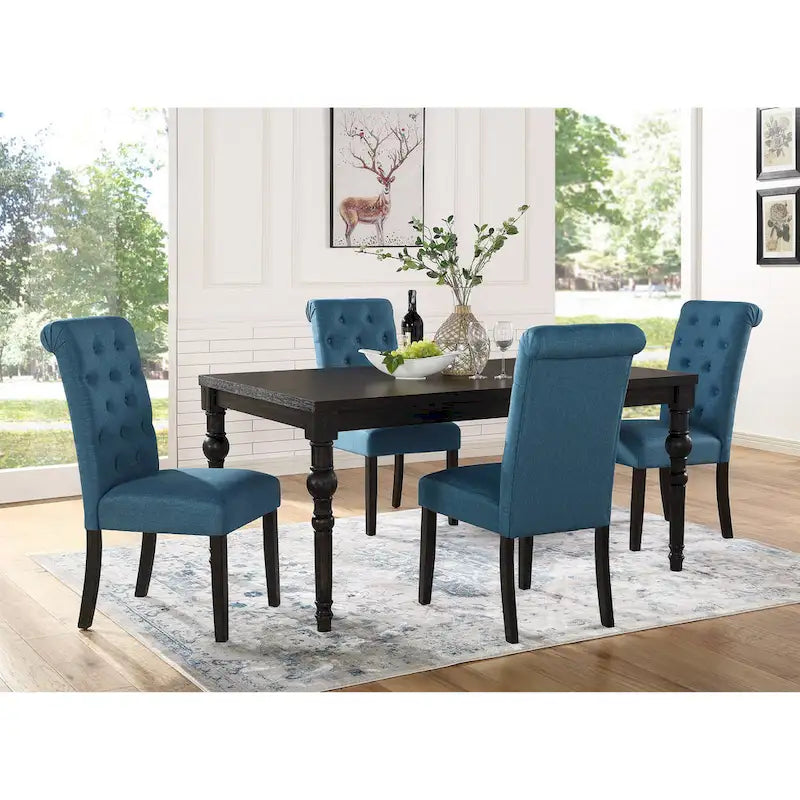Ensemble de salle à manger Roundhill Furniture Leviton en bois style urbain, finition délavée foncée, pieds tournés : Table et 4 chaises
