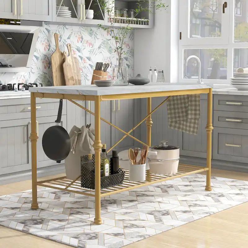 Îlot de cuisine contemporain Avya, blanc et or, de 147 cm de large, avec plateau en marbre, par Furniture of America