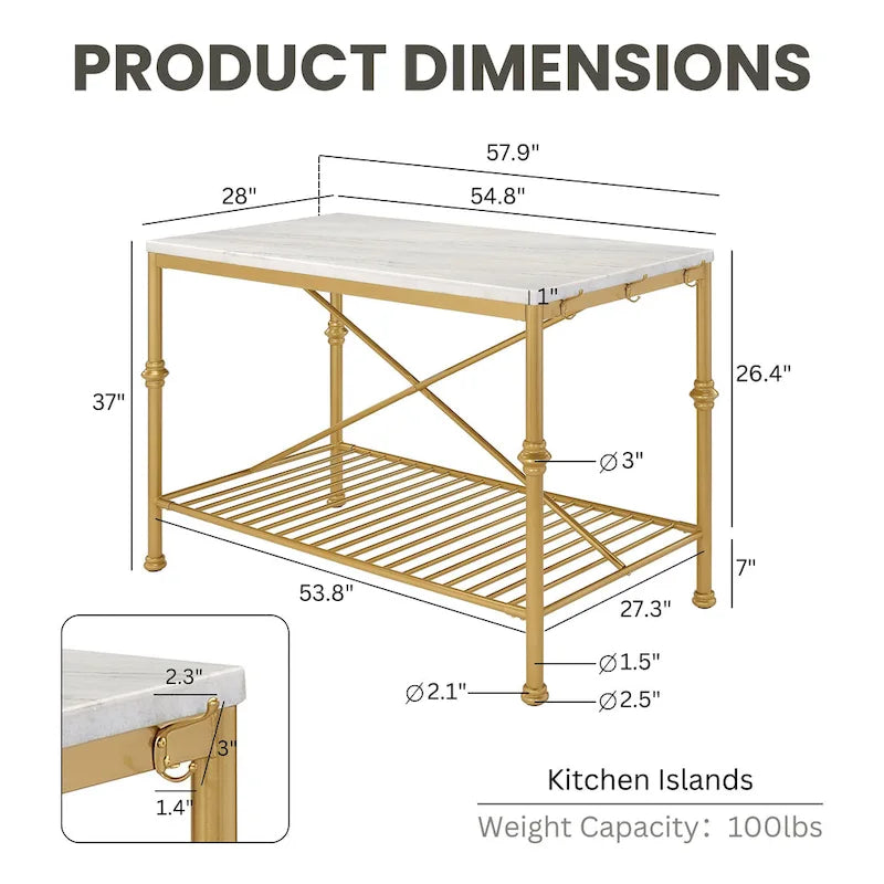Îlot de cuisine contemporain Avya, blanc et or, de 147 cm de large, avec plateau en marbre, par Furniture of America