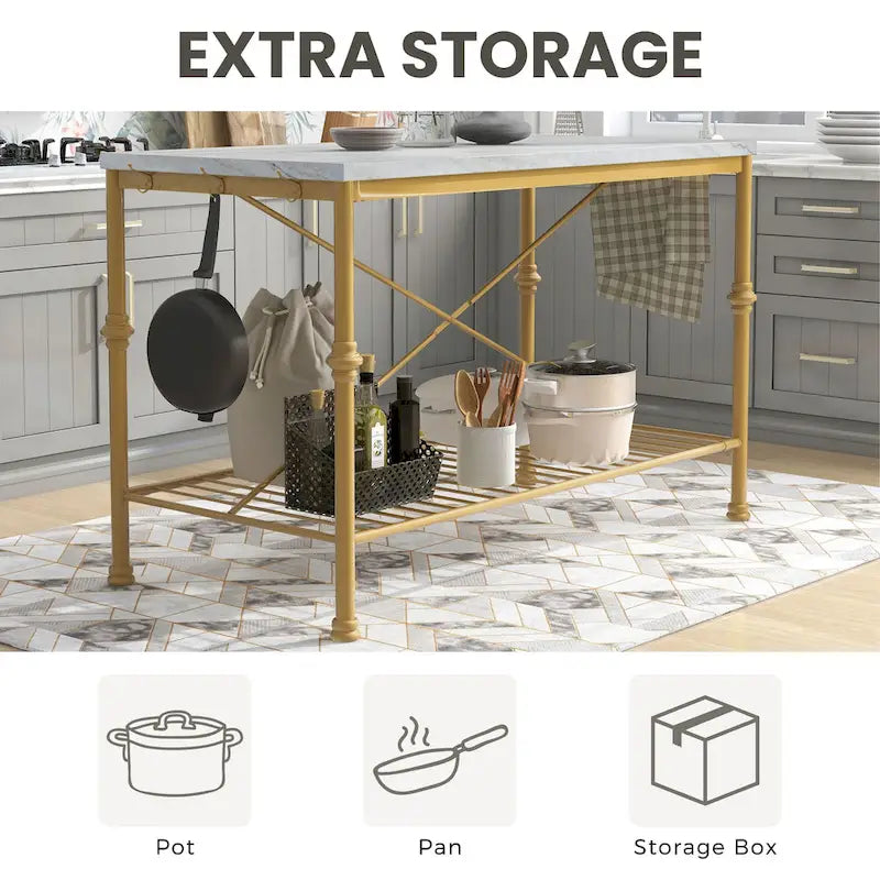 Îlot de cuisine contemporain Avya, blanc et or, de 147 cm de large, avec plateau en marbre, par Furniture of America