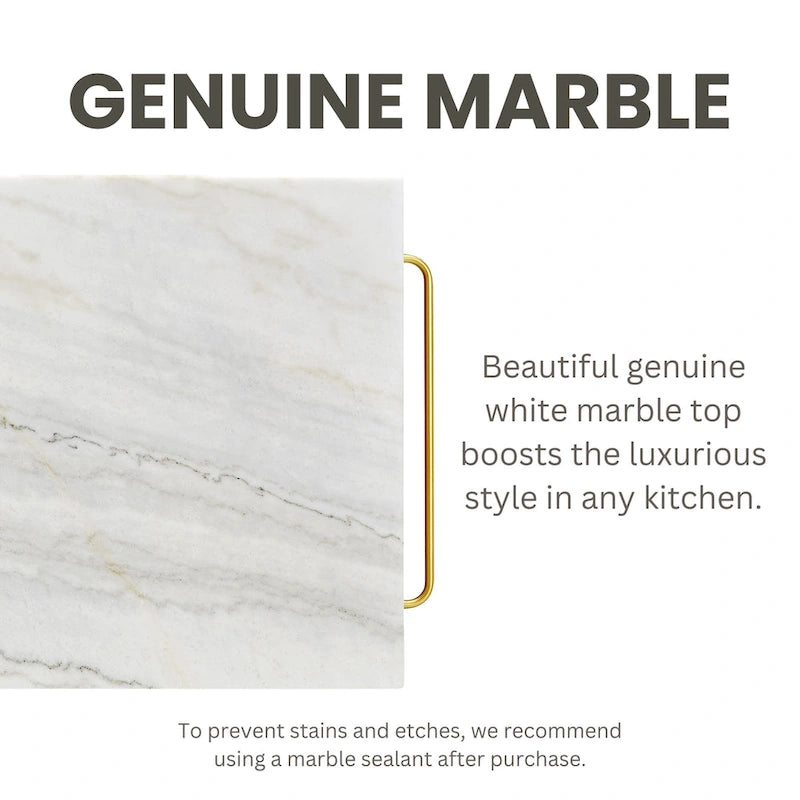 Îlot de cuisine contemporain Avya, blanc et or, de 147 cm de large, avec plateau en marbre, par Furniture of America