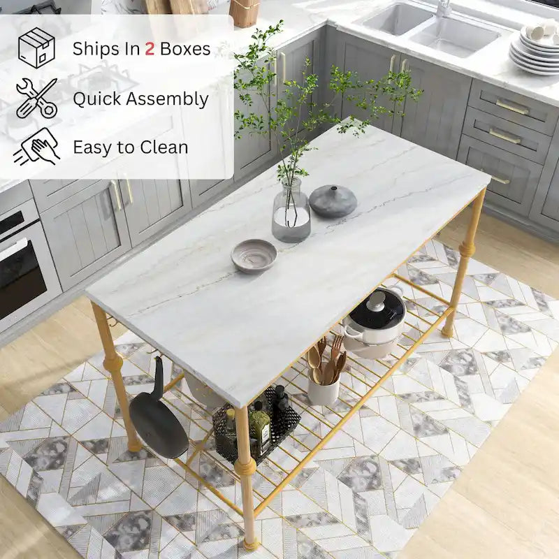 Îlot de cuisine contemporain Avya, blanc et or, de 147 cm de large, avec plateau en marbre, par Furniture of America