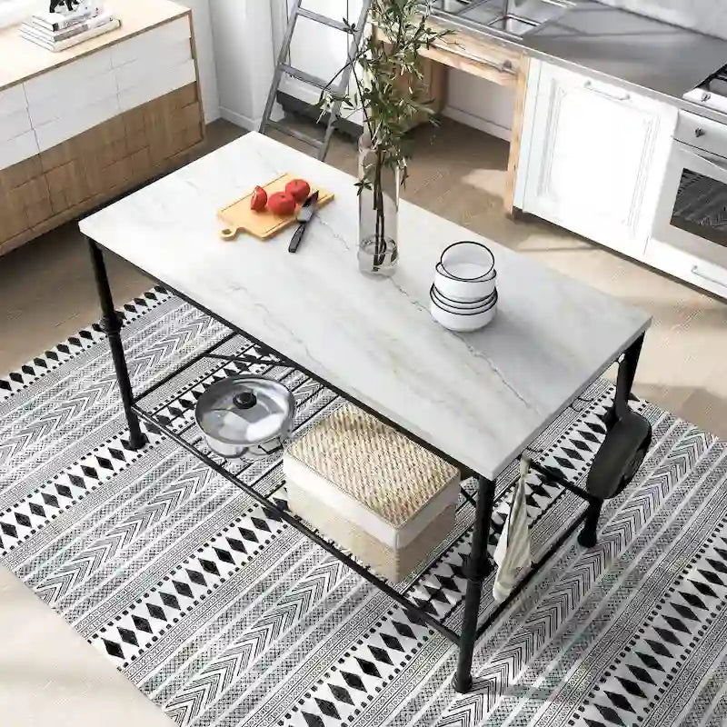 Îlot de cuisine contemporain Avya, blanc et or, de 147 cm de large, avec plateau en marbre, par Furniture of America
