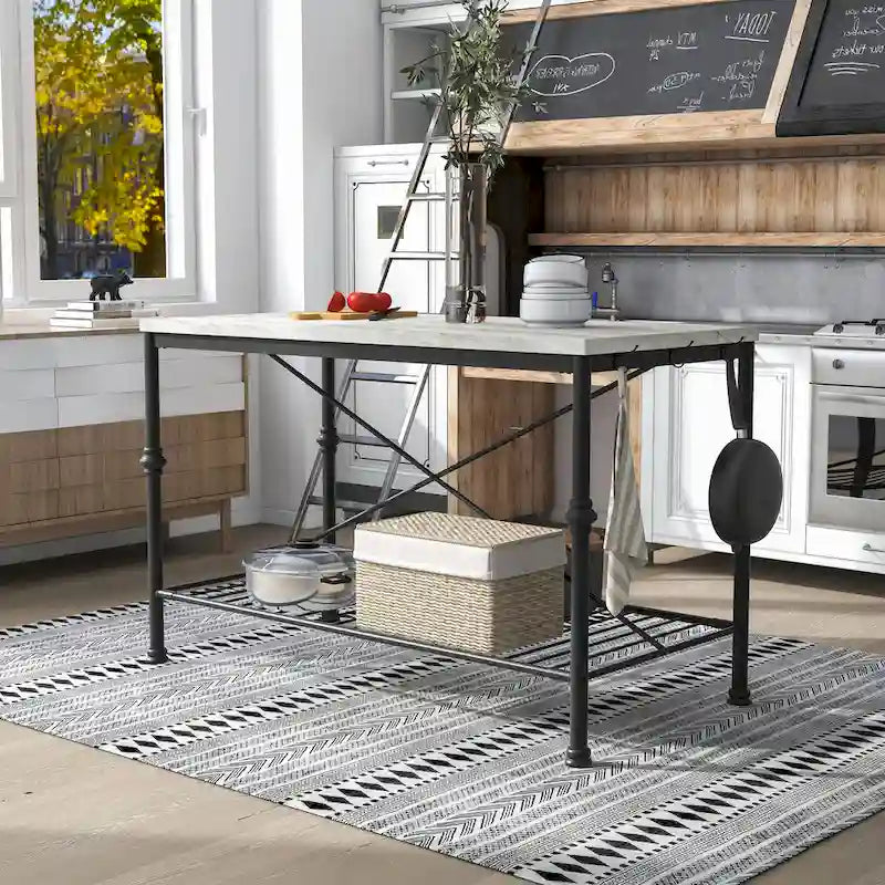Îlot de cuisine contemporain Avya, blanc et or, de 147 cm de large, avec plateau en marbre, par Furniture of America