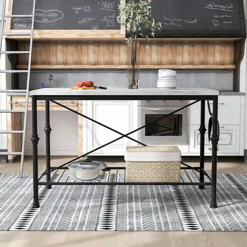 Îlot de cuisine contemporain Avya, blanc et or, de 147 cm de large, avec plateau en marbre, par Furniture of America