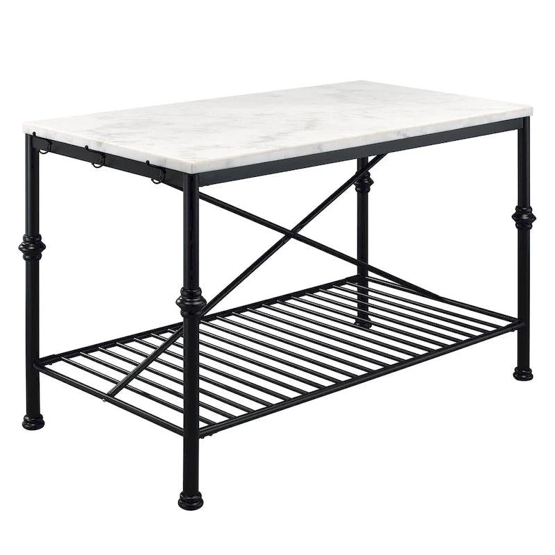 Îlot de cuisine contemporain Avya, blanc et or, de 147 cm de large, avec plateau en marbre, par Furniture of America