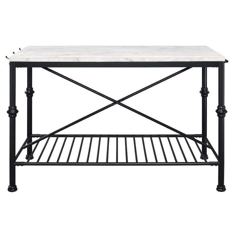 Îlot de cuisine contemporain Avya, blanc et or, de 147 cm de large, avec plateau en marbre, par Furniture of America