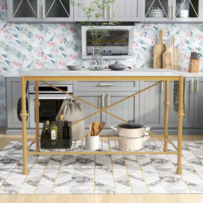Îlot de cuisine contemporain Avya, blanc et or, de 147 cm de large, avec plateau en marbre, par Furniture of America