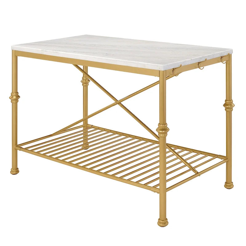 Îlot de cuisine contemporain Avya, blanc et or, de 147 cm de large, avec plateau en marbre, par Furniture of America