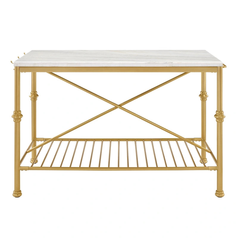 Îlot de cuisine contemporain Avya, blanc et or, de 147 cm de large, avec plateau en marbre, par Furniture of America