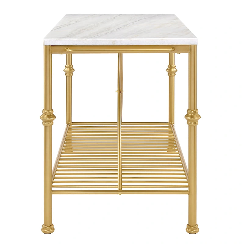 Îlot de cuisine contemporain Avya, blanc et or, de 147 cm de large, avec plateau en marbre, par Furniture of America