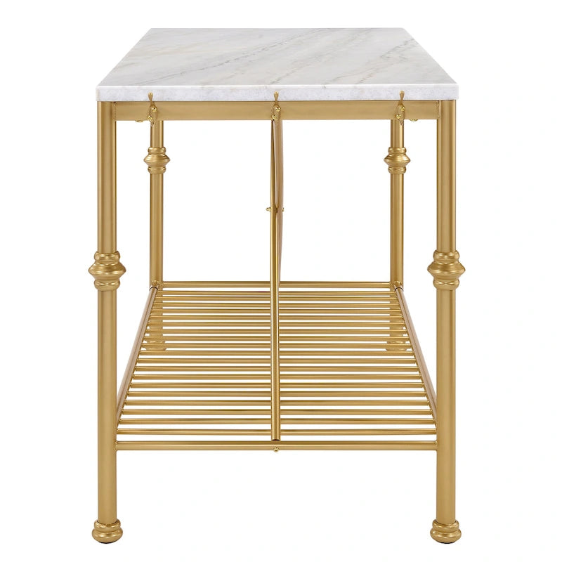 Îlot de cuisine contemporain Avya, blanc et or, de 147 cm de large, avec plateau en marbre, par Furniture of America