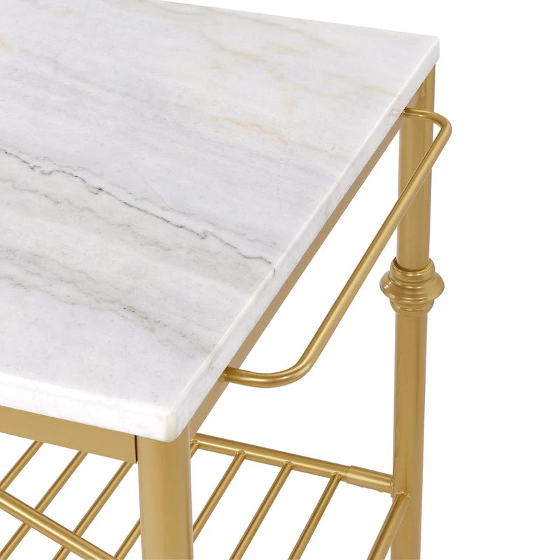 Îlot de cuisine contemporain Avya, blanc et or, de 147 cm de large, avec plateau en marbre, par Furniture of America