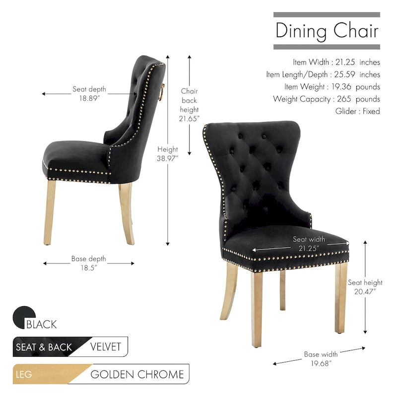 Porthos Home Chaises de salle à manger Caily capitonnées en velours avec pieds chromés dorés, lot de 2
