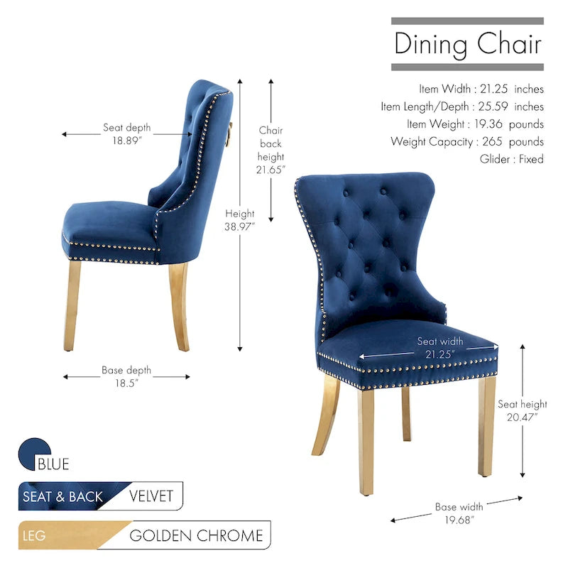 Porthos Home Chaises de salle à manger Caily capitonnées en velours avec pieds chromés dorés, lot de 2