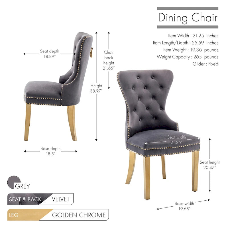 Porthos Home Chaises de salle à manger Caily capitonnées en velours avec pieds chromés dorés, lot de 2
