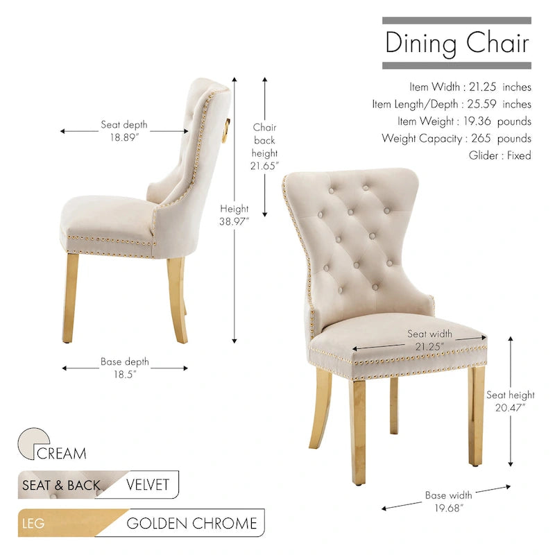 Porthos Home Chaises de salle à manger Caily capitonnées en velours avec pieds chromés dorés, lot de 2