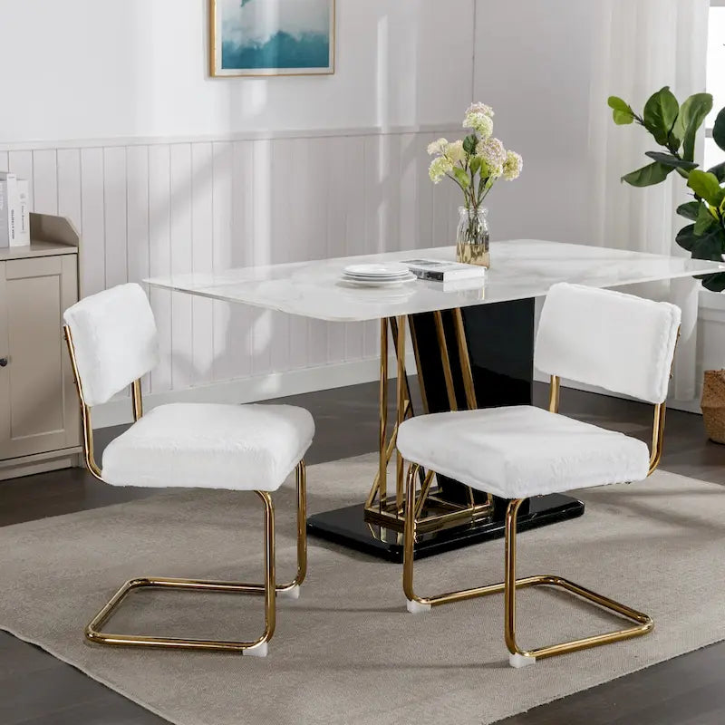 Chaises de salle à manger modernes avec base en métal doré, chaises de cuisine sans accoudoirs avec capitonnage cannelé, lot de 2