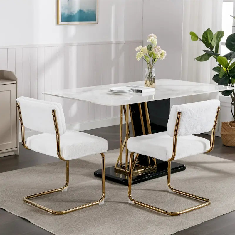 Chaises de salle à manger modernes avec base en métal doré, chaises de cuisine sans accoudoirs avec capitonnage cannelé, lot de 2