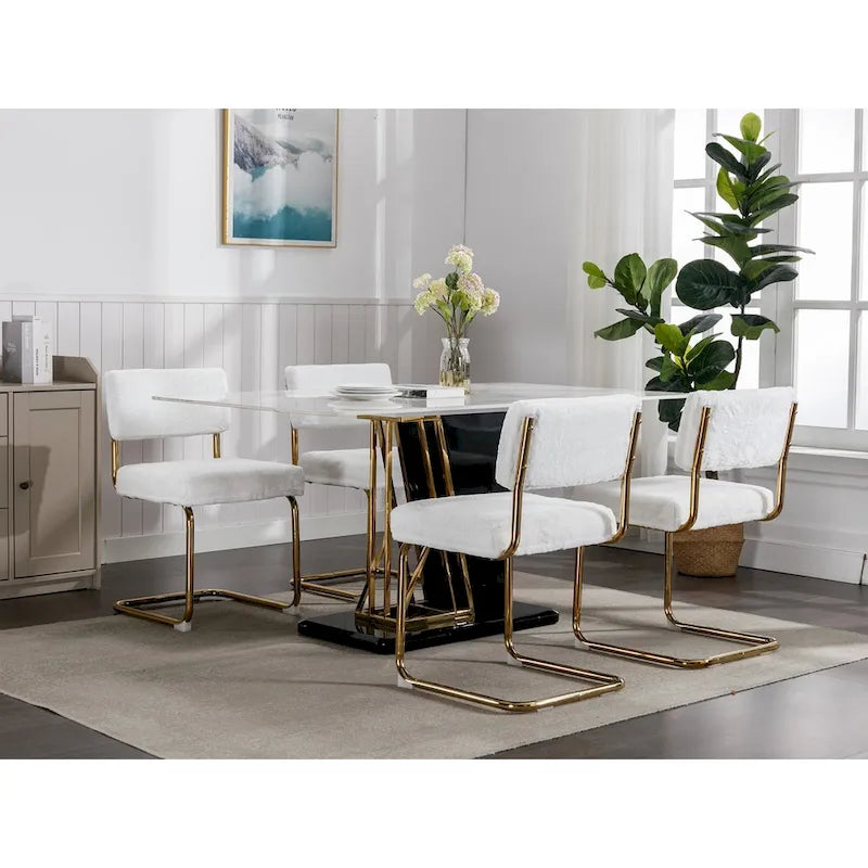Chaises de salle à manger modernes avec base en métal doré, chaises de cuisine sans accoudoirs avec capitonnage cannelé, lot de 2