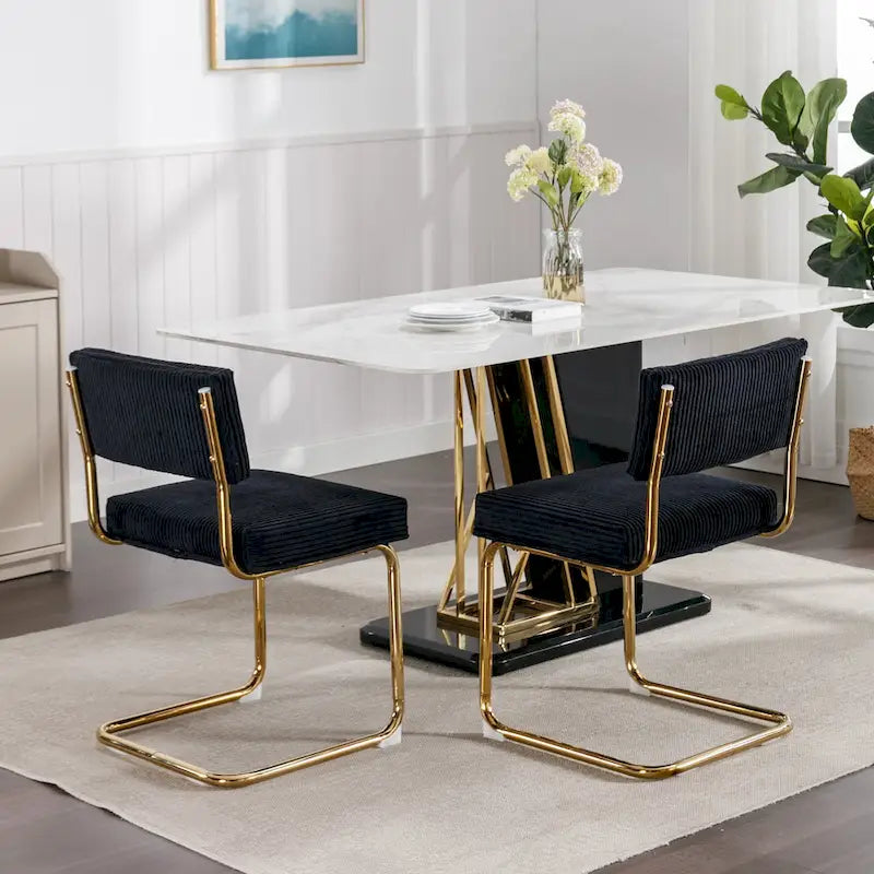 Chaises de salle à manger modernes avec base en métal doré, chaises de cuisine sans accoudoirs avec capitonnage cannelé, lot de 2