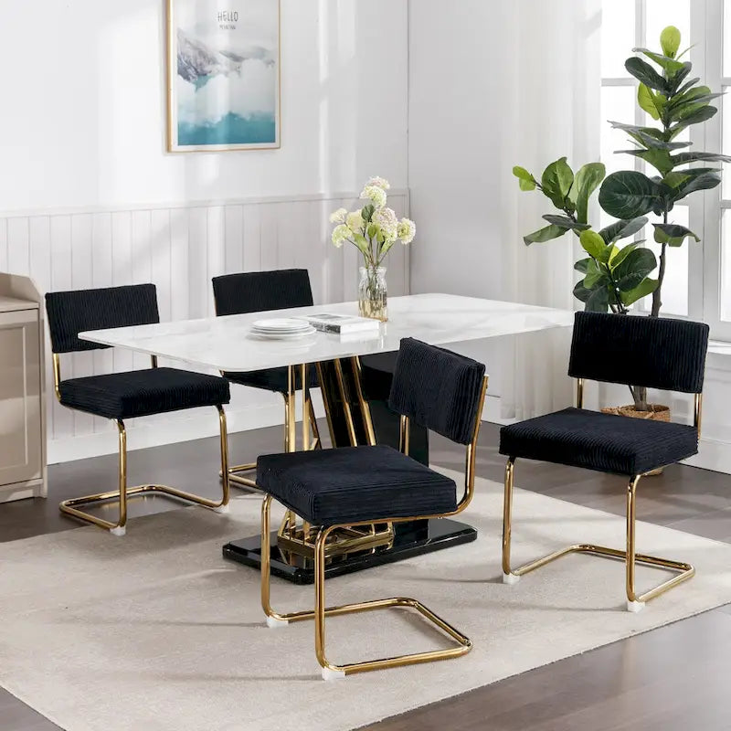 Chaises de salle à manger modernes avec base en métal doré, chaises de cuisine sans accoudoirs avec capitonnage cannelé, lot de 2