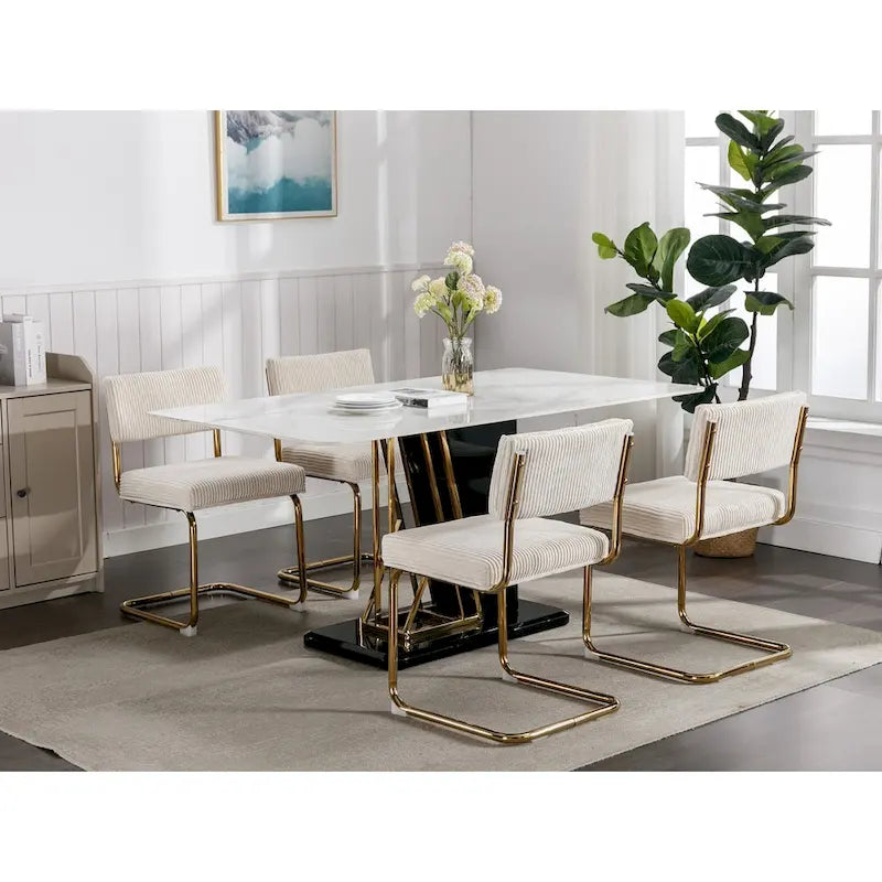 Chaises de salle à manger modernes avec base en métal doré, chaises de cuisine sans accoudoirs avec capitonnage cannelé, lot de 2