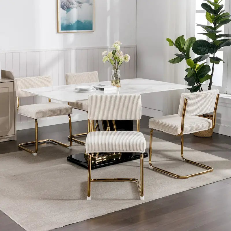 Chaises de salle à manger modernes avec base en métal doré, chaises de cuisine sans accoudoirs avec capitonnage cannelé, lot de 2