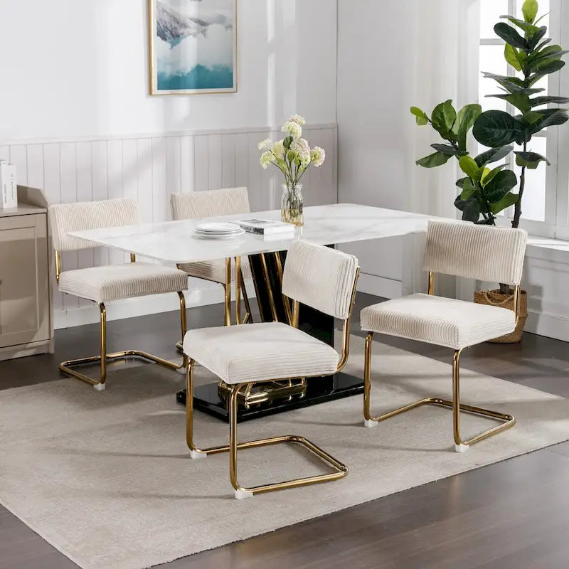 Chaises de salle à manger modernes avec base en métal doré, chaises de cuisine sans accoudoirs avec capitonnage cannelé, lot de 2