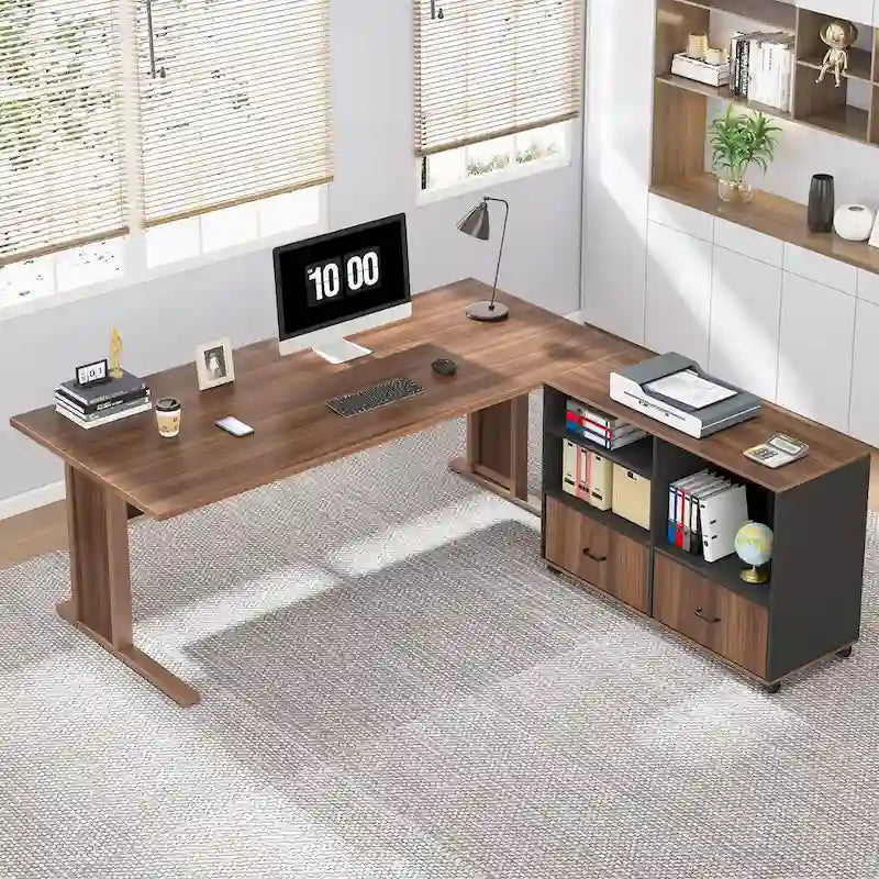 63 grands bureaux de direction en L avec armoire de rangement pour dossiers
