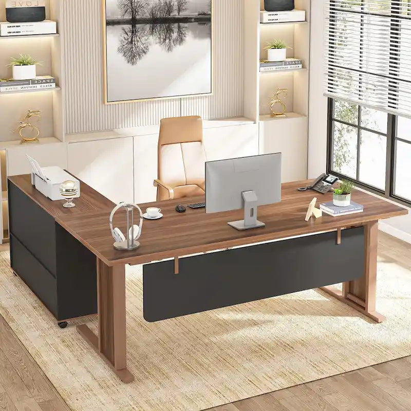 63 grands bureaux de direction en L avec armoire de rangement pour dossiers
