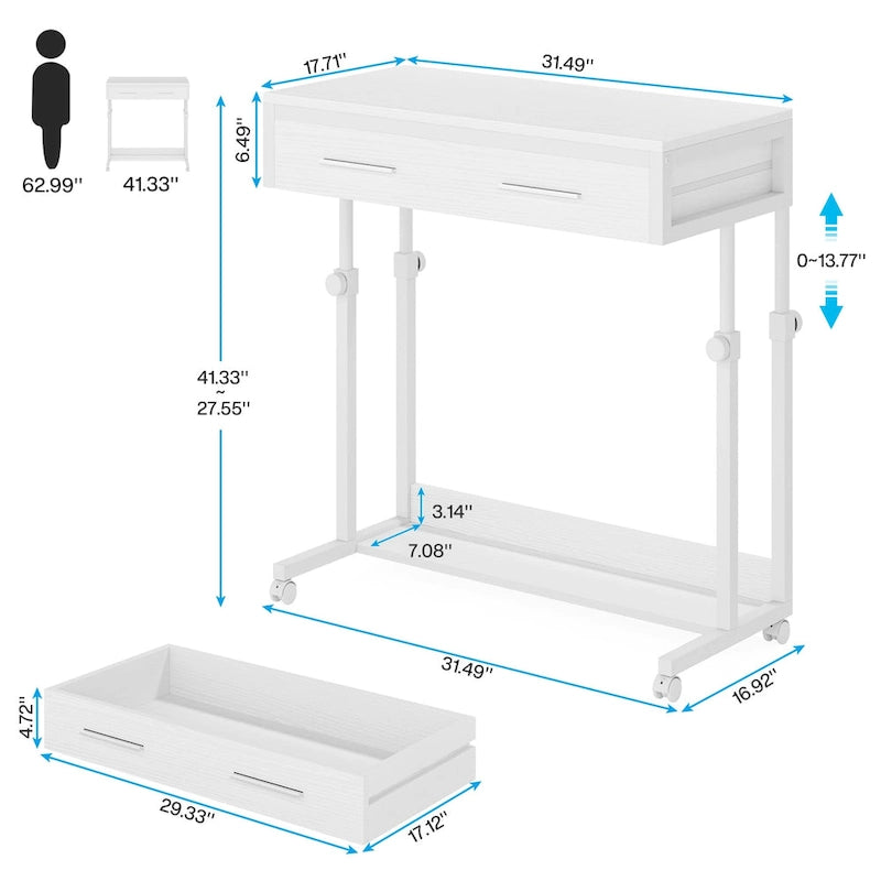 Regulowany stolik boczny, przenośne biurko z szufladami i kółkami do domowego biura