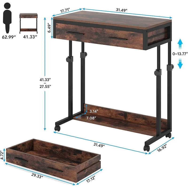 Regulowany stolik boczny, przenośne biurko z szufladami i kółkami do domowego biura
