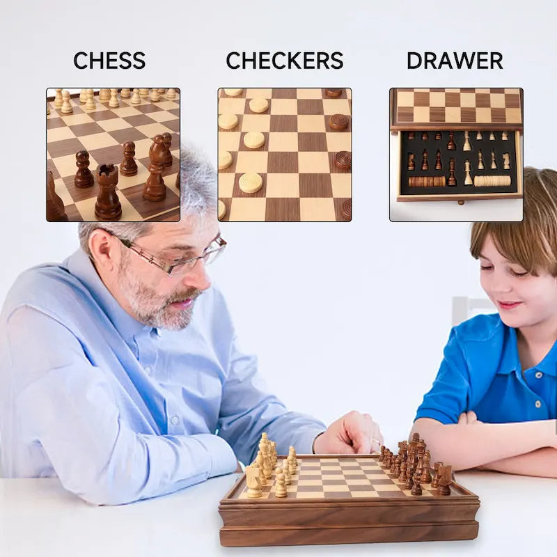 GSE 15 Duży drewniany zestaw combo 2 w 1 do gry w szachy i warcaby ze szufladą