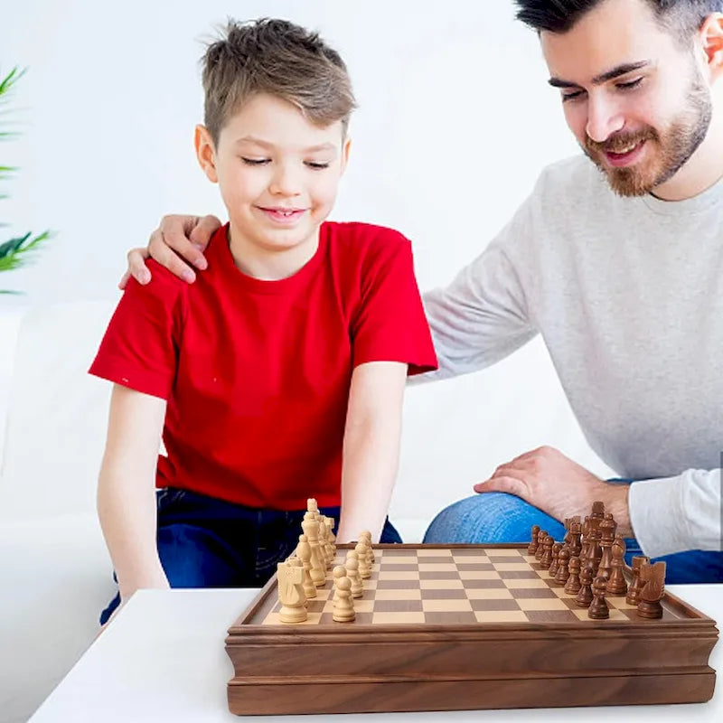 GSE 15 Duży drewniany zestaw combo 2 w 1 do gry w szachy i warcaby ze szufladą