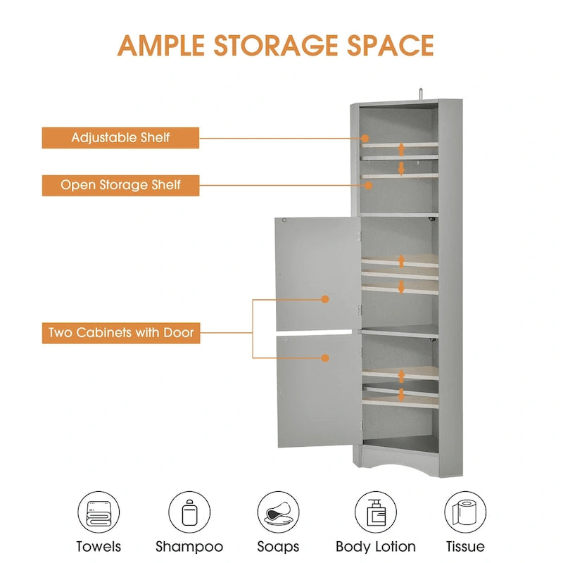 Meuble de salle de bain autoportant haut Nestfair, meuble de rangement d'angle avec portes et étagères réglables