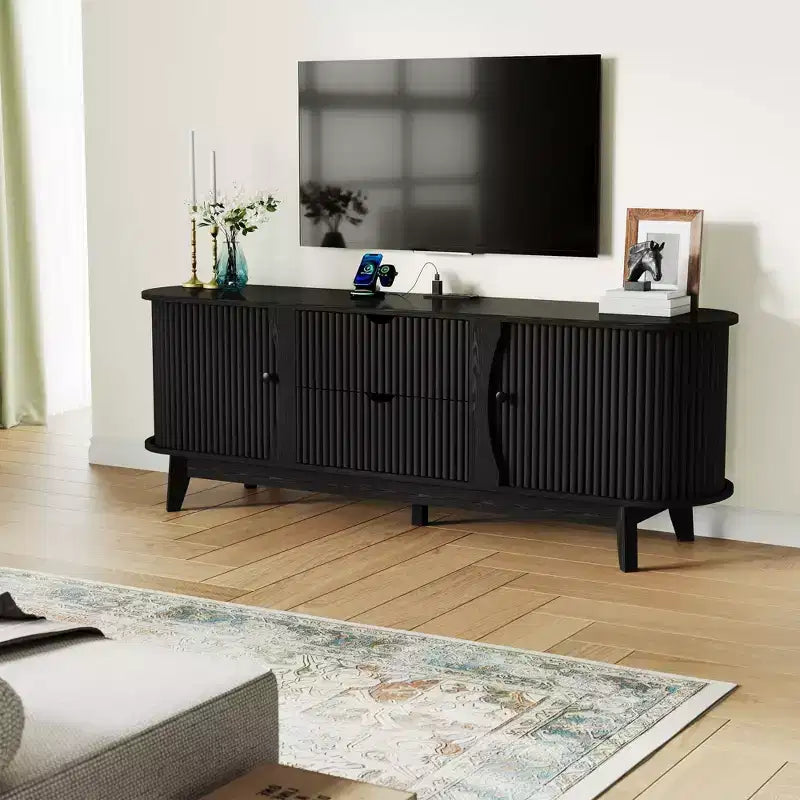 Czarno-brązowa szafka RTV z dwoma szufladami w stylu mid-century, do 1 pomieszczenia