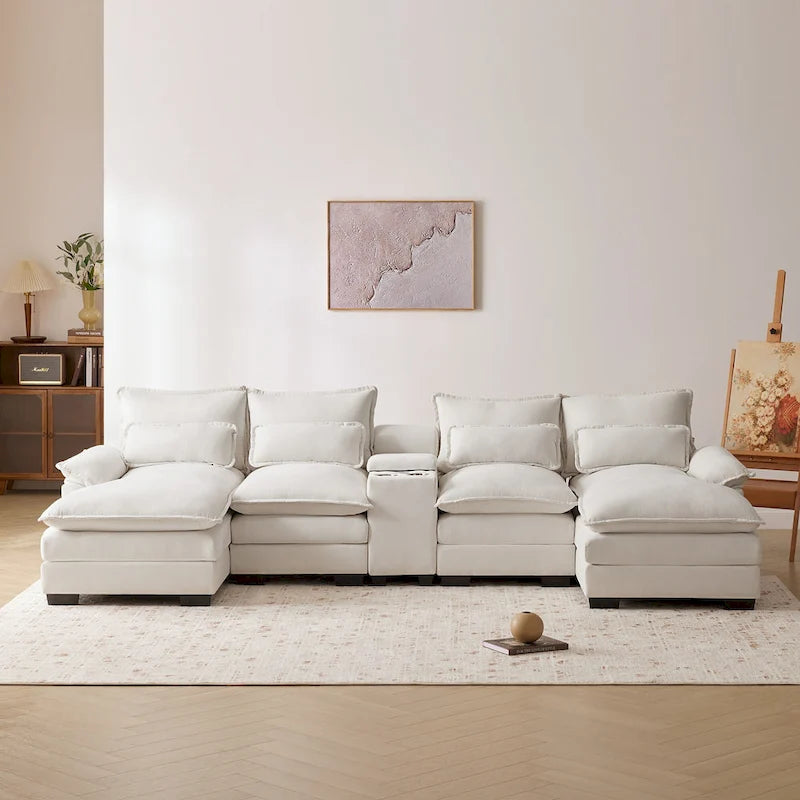 [VIDEO provided][New]123*55 Nowoczesna sofa w kształcie litery U z konsolą, uchwytami na kubki i portami USB, 6-osobowa tapicerowana symetryczna sofa wewnętrzna