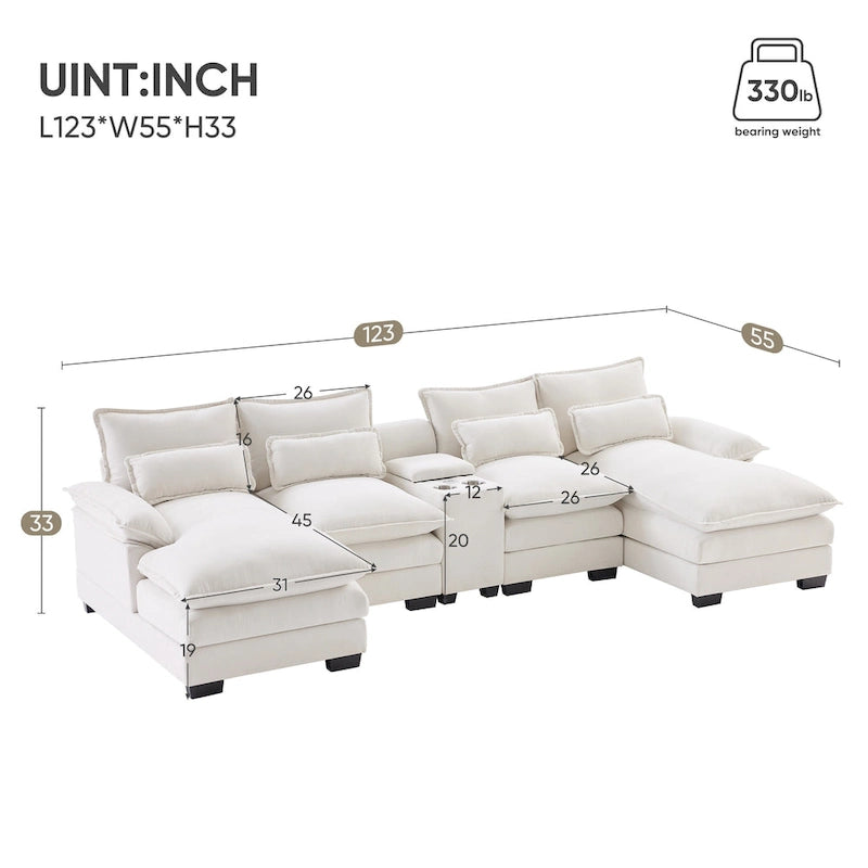 [VIDEO provided][New]123*55 Nowoczesna sofa w kształcie litery U z konsolą, uchwytami na kubki i portami USB, 6-osobowa tapicerowana symetryczna sofa wewnętrzna